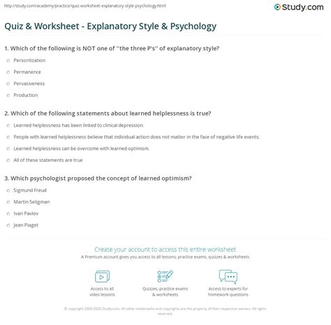 Quiz & Worksheet - Explanatory Style & Psychology | Study.com