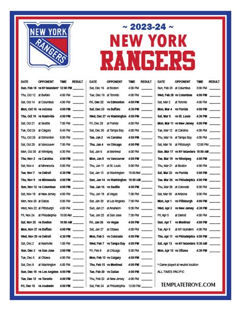 Printable 2023-2024 New York Rangers Schedule