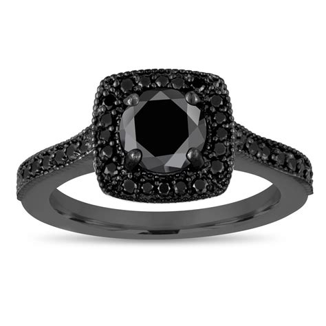 Natural Fancy Black Diamond Engagement Ring 1.28 Carat 14K Black Gold Vintage Style Halo Pave ...
