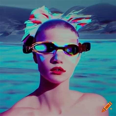 Glitch art of a vogue model with swim goggles on Craiyon
