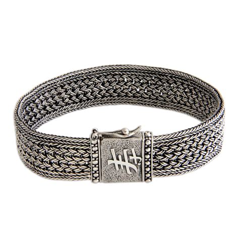 Men's Handcrafted Sterling Silver Wristband Bracelet - Live Long | NOVICA