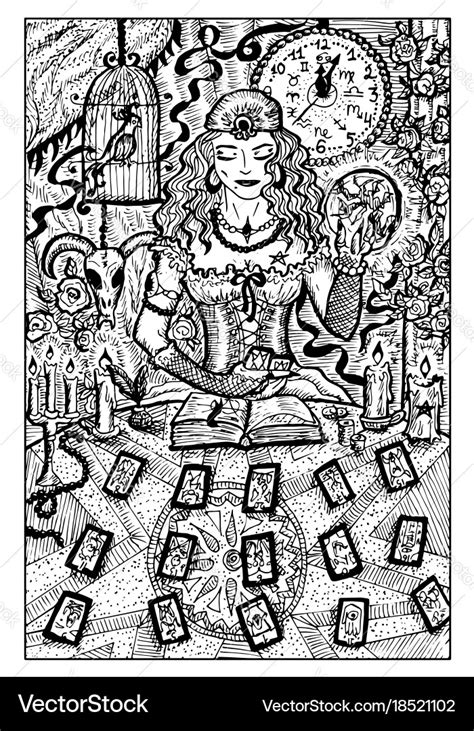 Fortune teller with tarot cards engraved Vector Image