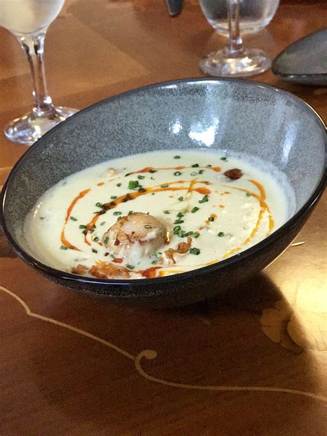 Cauliflower soup with seared scallop and paprika oil. Harta Restaurant at the Sligachan Hotel ...