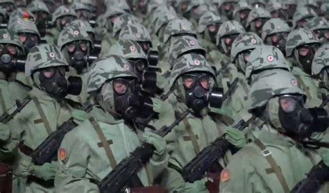 North Korean army infantry with newly-unveiled CBRN(chemical, biological, radiological and ...