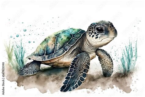 Illustration of a sea turtle swimming underwater in a watercolor style, generative ai Stock ...