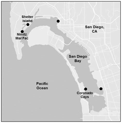 Map of San Diego Bay. The map shows the three study locations: Coronado ...