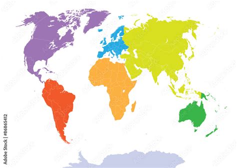 Naklejka mapa świata pokolorowana przez kontynenty #86865412 - Mapa świata - Naklejki | ecowall24.pl