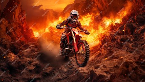 Premium Photo | A red dirt bike rider is racing on a hill with a fire in the background