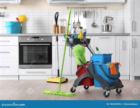 Janitor Cart with Cleaning Equipment Stock Image - Image of indoors, cleanup: 105429995