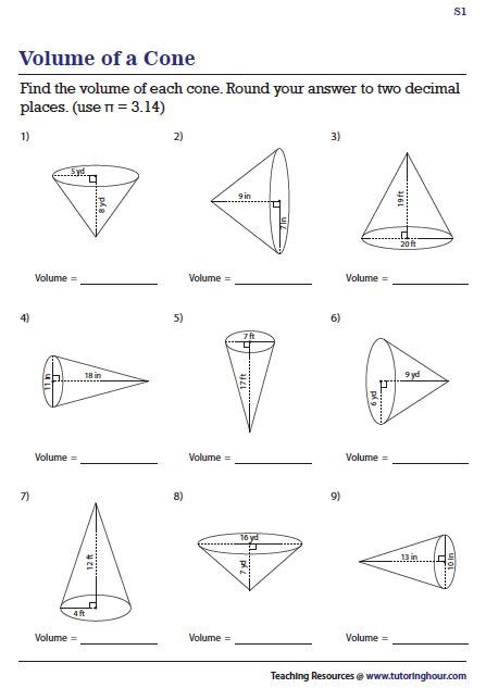 Volume of a Cone Worksheets for Calculating Radius and Height