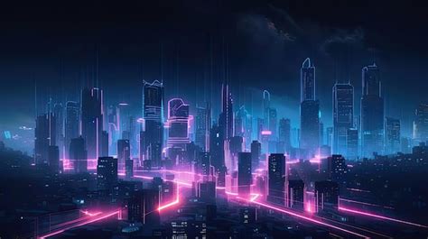 Premium Photo | A dark city with neon lights and a purple cityscape.