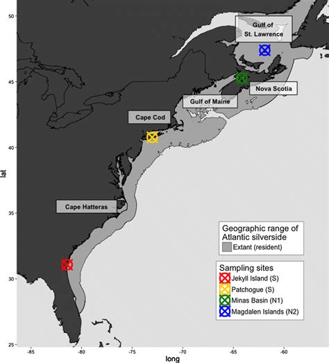 Map of populations of the Atlantic silverside sampled for mitochondrial... | Download Scientific ...