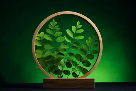 Premium AI Image | Natural Elegance Kelor Tree Leaves Illuminate Round Wooden Display Shape with ...