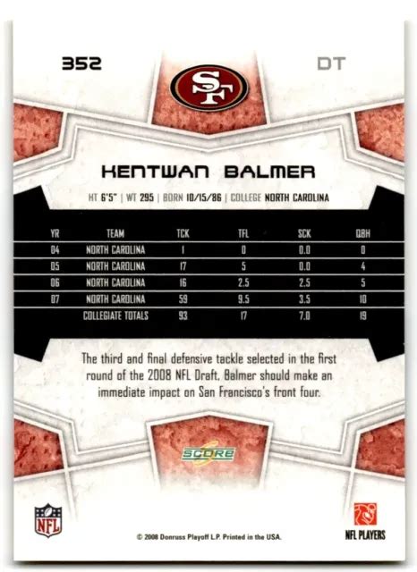 2008 SCORE SUPER Bowl version or Kentwan Balmer RC San Francisco 49ers ...