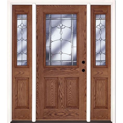 Feather River Doors 63.5 in. x 81.625 in. Carmel Patina 1/2 Lite Stained Medium Oak Left-Hand ...