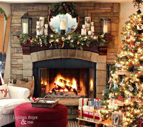 Corner stone fireplace in rustic lodge style Christmas family room-www.goldenboysandme.com ...