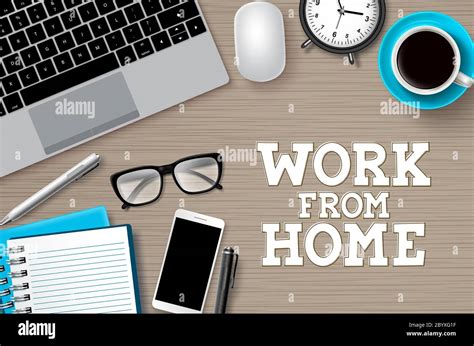 Work from home desk vector background. Work from home text with remote online business elements ...