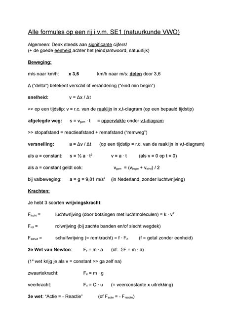 SE1 Natuurkunde formules + uitlef - Studeersnel