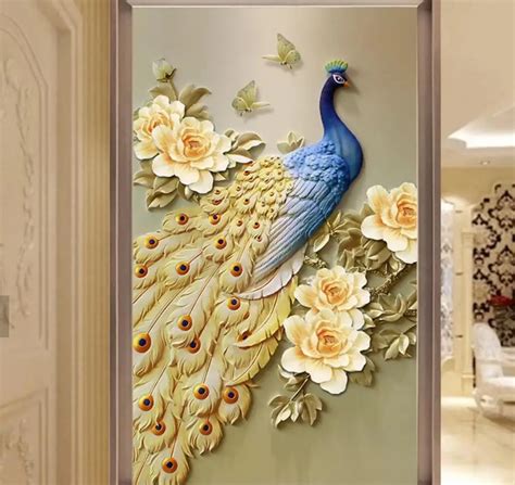 3D Embossed Flower Peacock Wall Paper Murals for Hallway Bedroom Wall Decor Printed Mural Custom ...