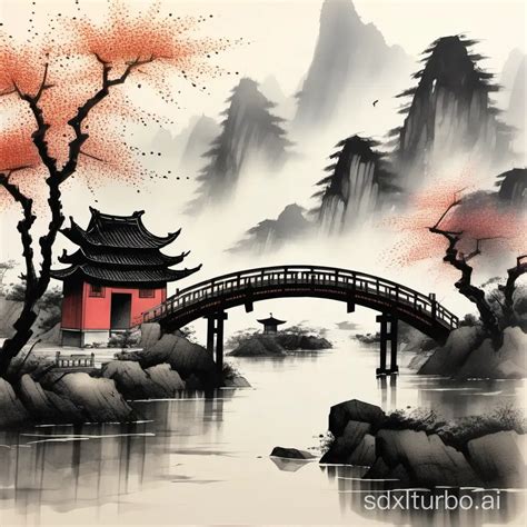 Chinese Ink Painting of Rainy Day with Covered Bridge and Oilpaper ...