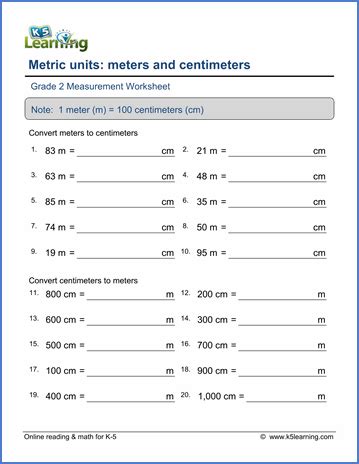 Grade 2 Measurement Worksheet on converting between centimeters and meters Grade 5 Math ...