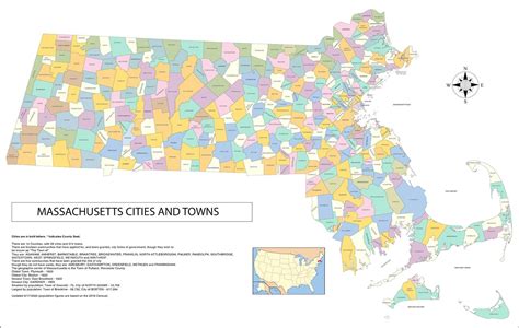 36x24in Poster Map of Massachusetts Cities, Towns and County Seats - Etsy