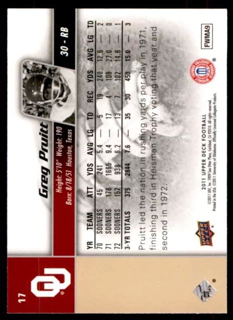 2011 UPPER DECK Football Greg Pruitt, Oklahoma Sooners #17 EUR 3,04 ...