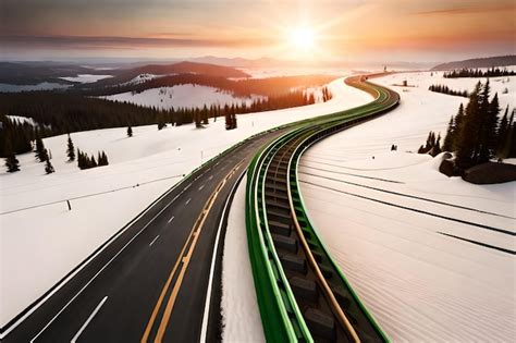 Premium AI Image | A highway with a snow covered mountain in the background