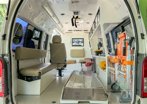 Inside an ambulance with medical equipment . Car for patient refer ...