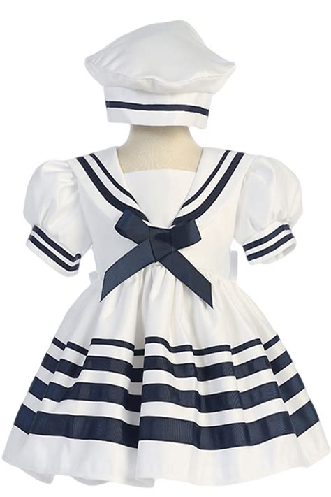 White Nautical Sailor Dress with Navy Blue Trim & Beret Style Hat (Baby ...