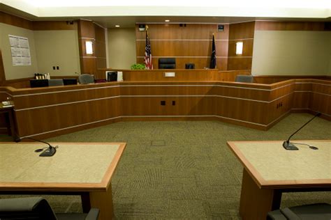 Modern Courtroom With Judges Bench Attorneys Desks Medium Wide Angle ...