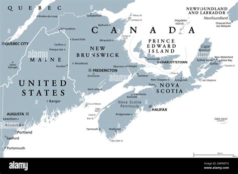 Maritimes region of Eastern Canada, Maritime provinces, gray political ...