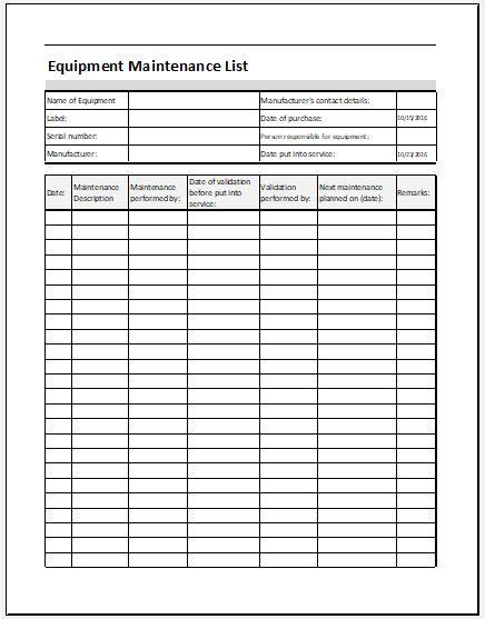 Equipment Maintenance List Template