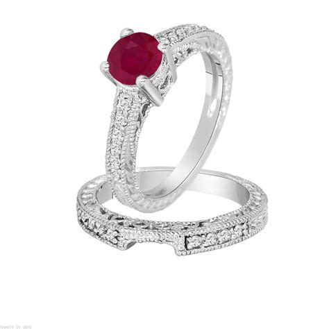 0.87 Carat Ruby & Diamond Engagement Ring Set Wedding Rings - Etsy