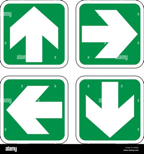 THIS WAY signs for emergency exit and escape route, white arrow on a ...