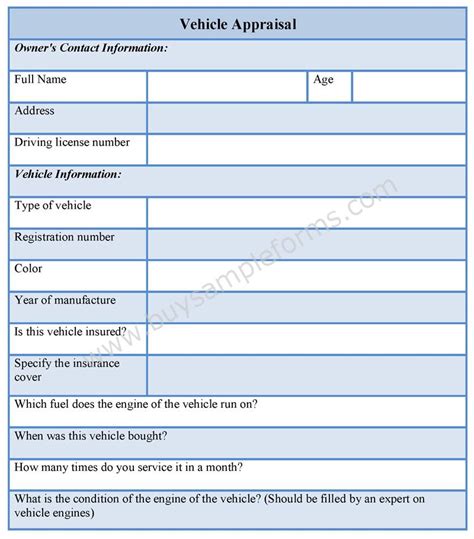 Vehicle Appraisal Form | Vehicle Form Templates