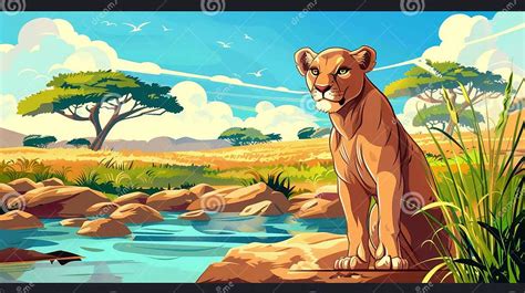 Modern Cartoon Illustration of a Lioness on a Shore of a River, Acacia Trees, and Green Grass ...