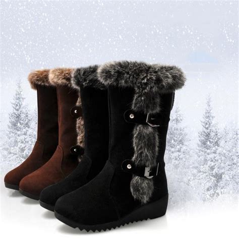 Women's Faux Fur Snow Boots Black Mid-Calf Wedge Winter Boots