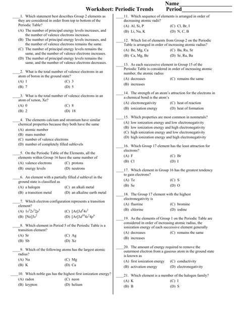 Worksheet Periodic Table Trends – Zip Worksheet