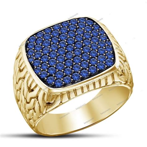 14K Yellow Gold Finish 1.54 Carat Round Blue Sapphire Men's Band Ring 925 Silver… | Rings for ...