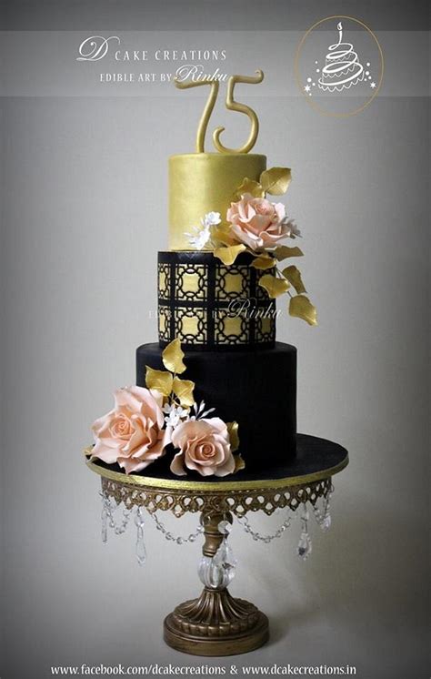 Black & Gold 75th Birthday Cake - Decorated Cake by D - CakesDecor