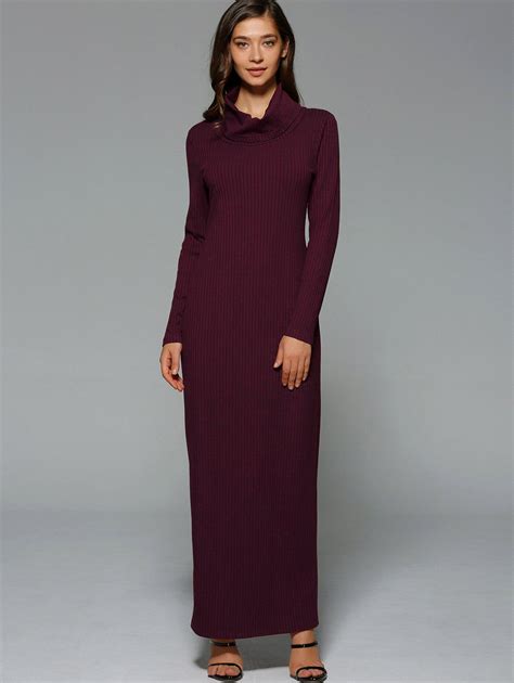 Wine Red 2xl Maxi Slit Ribbed Long Sleeve Winter Dress | Rosegal.com