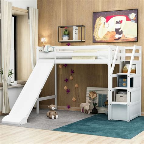 Twin Loft Bed with Slide for Kids,Wood Low Profile Kids Mini Loft Bed Twin Size with Ladder, No ...