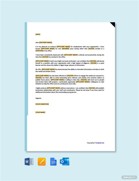 Employee Endorsement Letter in Google Docs, Word, Pages, Outlook, PDF ...