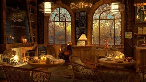 Autumn Night Coffee Shop Ambience ☕ Smooth Jazz Music to Relax/Study/Work to | Cozy cafe, Coffee ...