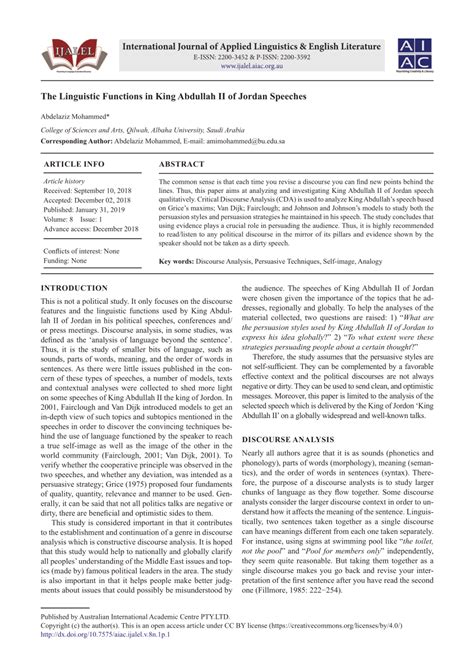 (PDF) The Linguistic Functions in King Abdullah II of Jordan Speeches