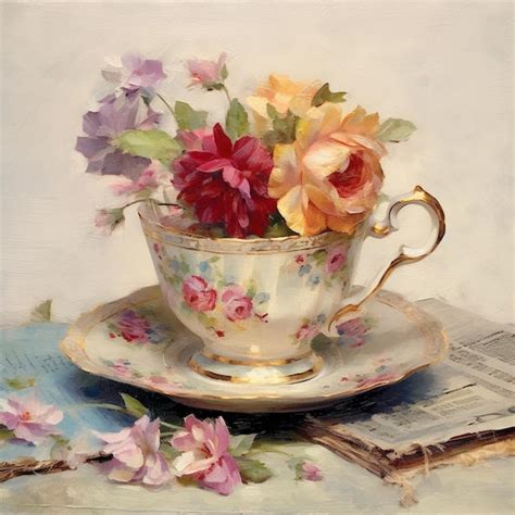 Premium AI Image | Painting of a tea cup with flowers on a saucer ...