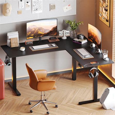 Bestier 63 in. L-Shaped Black Carbon Fiber Wood Sit to Stand Desk with 3-Height Memory Presets ...