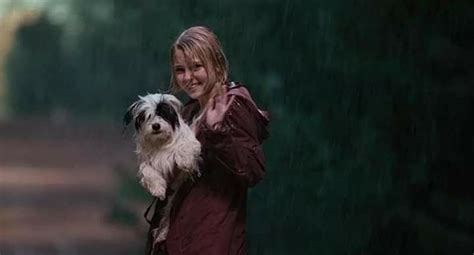 a woman is walking with her dog in the rain