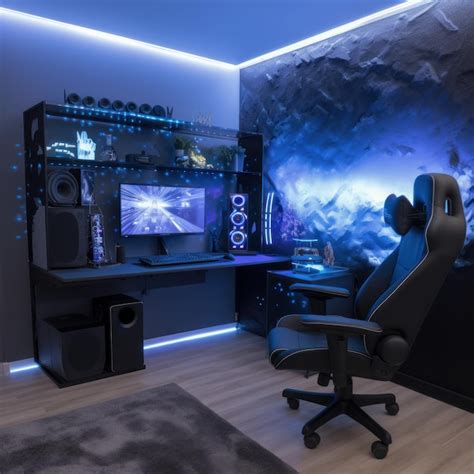 Premium Photo | A gaming room with a black chair and a monitor that ...